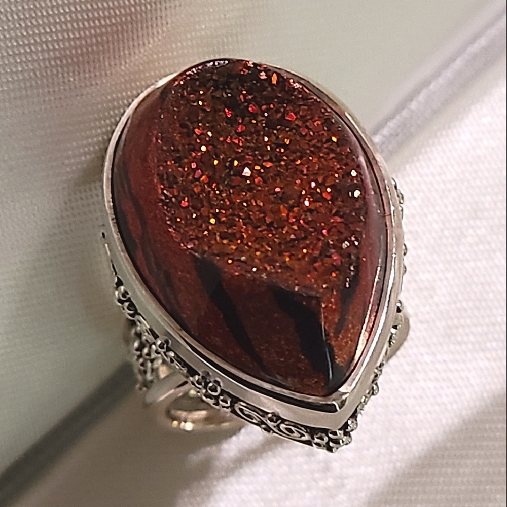 Sajen tiger stripe druzy 925 sterling silver adjustable ring